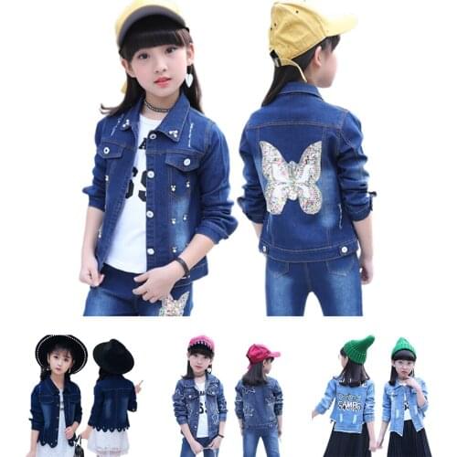 2021 Girls Denim Jackets Fashion Butterfly Embroidery Sequins Sports Outerwear For Teens Spring Summer Children Clothing