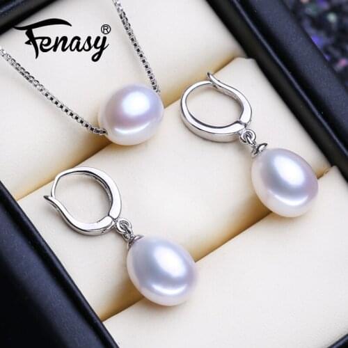 FENASY 925 Sterling Silver Jewelry Sets Natural Pearl Drop Earrings Custom Pendant Chain Choker Necklaces For Women