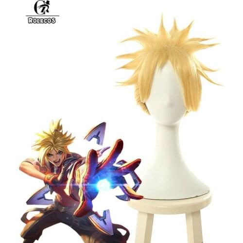 ROLECOS LOL Ezreal Cosplay Hair Battle Academia Ezreal Cosplay Headwear 25CM Long Yellow Short Synthetic Hair Men LOL Game