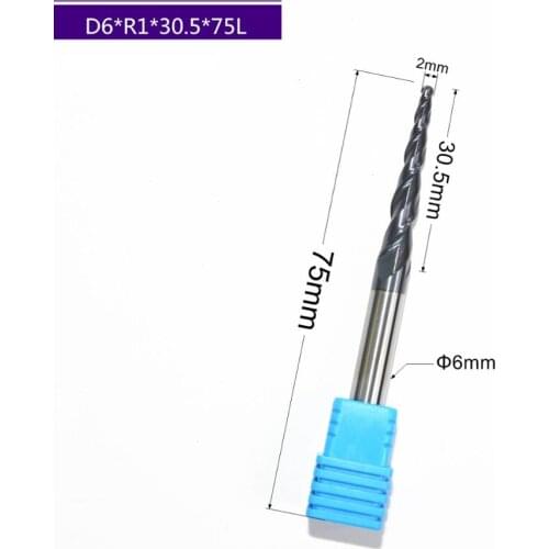 HRC55 solid carbide D6*R1*30.5*75L TiALN Coated Taper Ball Nose End Mill,cone milling cutter,Spherical woodworking router bit