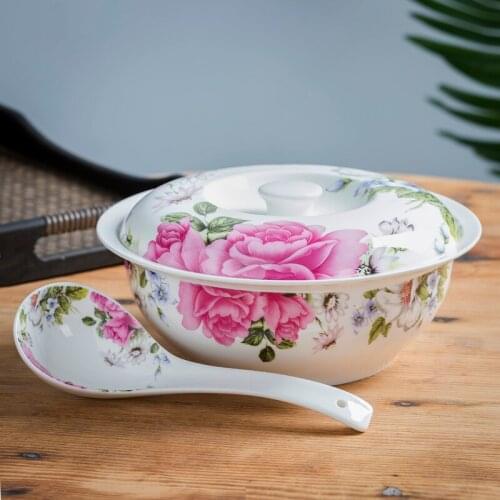 Ceramic large-size vegetable soup basin Chinese household high-quality bone china soup bowl with lid, food pot, tableware