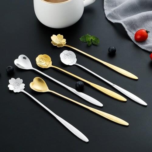 Long Handle Mixing Spoon Stainless Steel Spoon Home Creative Japanese Style Cute Petal Dessert Spoon Golden Heart Shaped
