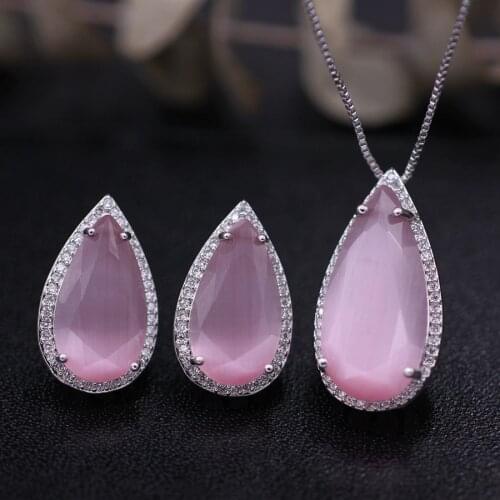 Fashion Water Drop Opal Stones Jewelry Set For Women Charm Pendant Necklace Stud Earrings Opal Stone Party Jewelry Sets Gift