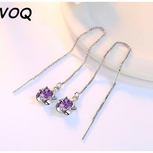 VOQ 925 Sterling Silver Simple Fashion Zircon Plum Blossom Flower Drop Earrings Long Tassel Chain Earrings