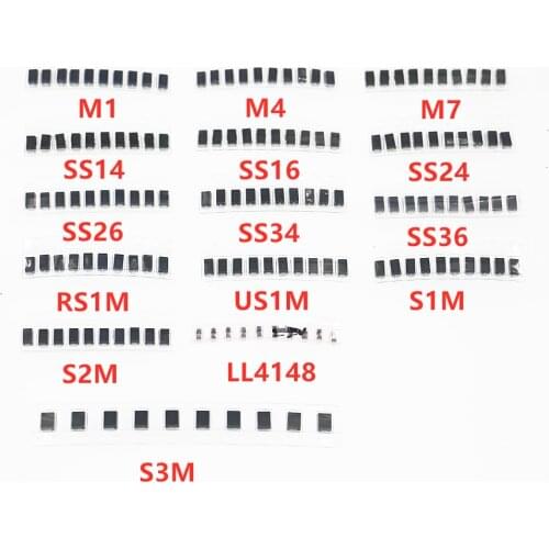SMD Fast Switching Schottky Diode Assorted Kit Set (M1 M4 M7 S1M S2M S3M SS14 SS16 SS24 SS26 SS34 SS36 RS1M US1M LL4148)