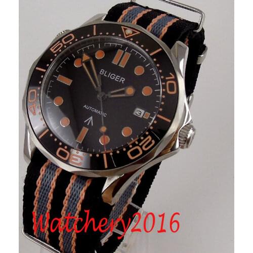 New 41mm Bliger Black dial Nylon Rotating Bezel Steel Case Calendar movement Automatic Mechanical mens Wristwatches