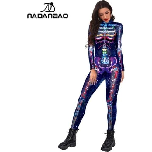 NADANBAO 2021 New Arrival 3D Pattern Catsuit For Adult Skeleton Printed Slim Bodysuit for Halloween Cosplay Multicolor Jumpsuit