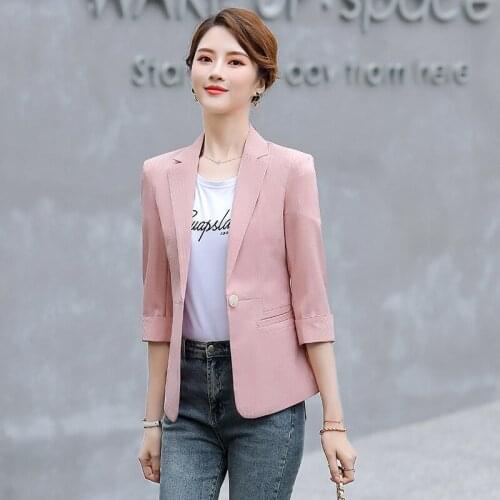 IZICFLY New Spring Summer Striped Pink Blazer Elegant Slim Half Coat Business Office Clothes Women Work Uniform Designs Jacket