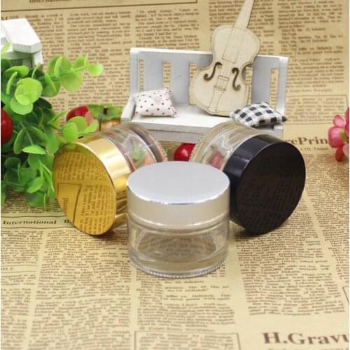 Wholesale 500pcs/lot 5g cosmetic packaging container,5cc sample glass cream jar with black/gold/sliver lids