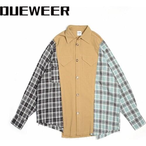 Dueweer Patchwork Plaid Shirts Harajuku Tartan Oversized Men Women Irregular Cut Patch Shirt Hip Hop Streetwear Urban