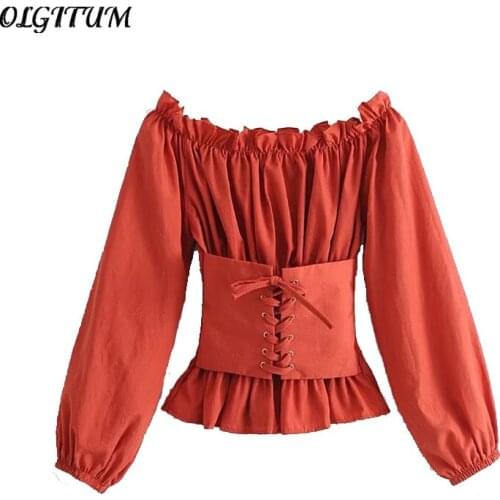 Spring New Womens Fashion Blouse Sexy Slash Neck Waist Bandages Slim Shirts Solid Color Lantern sleeve Shirts Tops