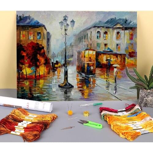 Evening Trolley On The Square Printed Canvas 11CT Cross Stitch Full Kit DIY Embroidery DMC Threads Craft Wholesale