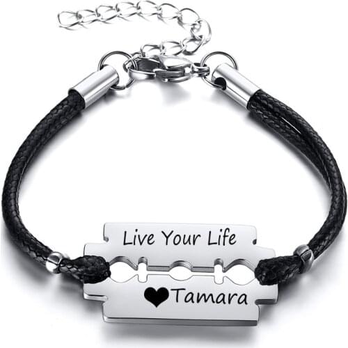 Engraved Name Blade Rope Wristband Black Handmade Chain Link Fashion Cuff Bangle Leather Men Bracelets Women Male Jewelry