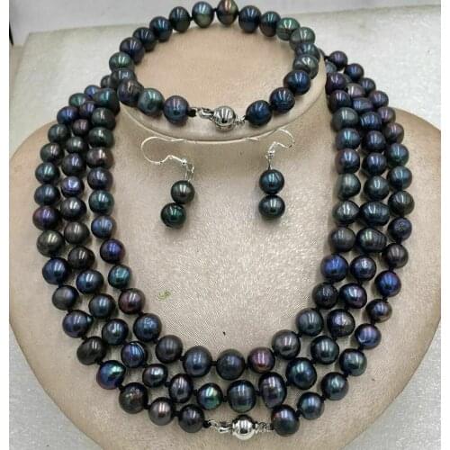 New 48inch 9-10MM TAHITIAN NATURAL BLACK PEARL NECKLACE Bracelet Earring