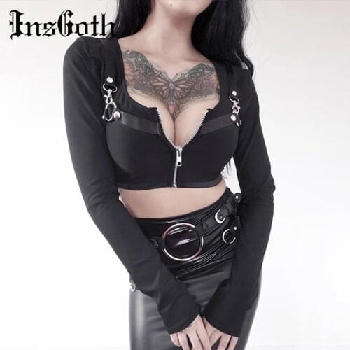 Dark black long-sleeved t-shirt women 2021 autumn new zipper square neck tight top for women