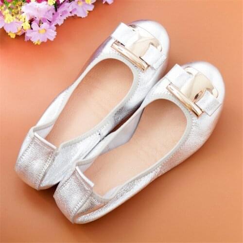 New Women Flat Loafers Shoes Slip-on Bow Metal Decoration Casual Ballet Flat Genuine Leather Women Ballerina Shoes Big Size