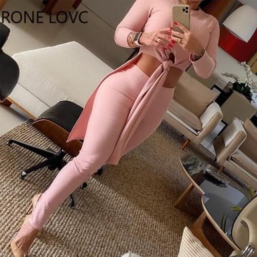 Women Sexy Solid Knotted O-Neck Long Sleeves Top & High Waist Pants Set 2 Piece Set Women