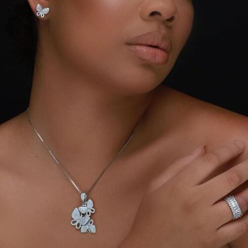 Iced Out Bling CZ Women Fashion Jewelry Micro Pave 2021 Spring New Triple Butterfly Pendant Necklace