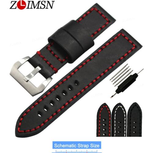 ZLIMSN 20 22 24mm Genuine Leather Watchbands Steel Brushed Finished Pin Buckle Black Longer Bands Straps Stainless Steel Clasp