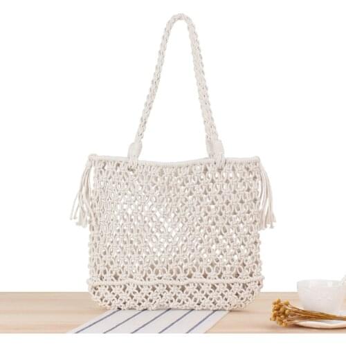 Aaby 2021 Summer Bohemian Beach Bags For Women Cotton Rope String Bags With Big Hollow Out And Tassel Casual Ladies Shoulder Bag
