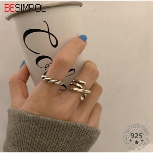 Besimpol Real 925 Sterling Silver Vintage Ring Korea Style Chain Line Open Rings For Women Fashion Fine Jewelry Party Gifts