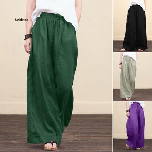 Women Autumn Spring Solid Cotton Linen Wide Leg Pants Casual High Waist Palazzo Loose Pocket Trousers Long Pantalon Plus Size