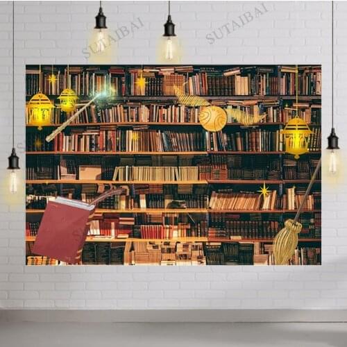 Wizard Magic Bookshelf Backdrop School Books Collection Library Reading Room Photography Background Lantern Photo Studio Props