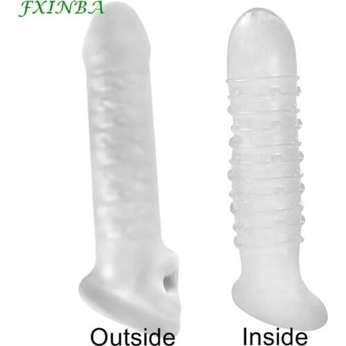 FXINBA 18cm Thick Reusable Condoms Penis Sleeve Extender Cock Delay Ejaculation Enlargement Extension Adult Sex Toys For Men