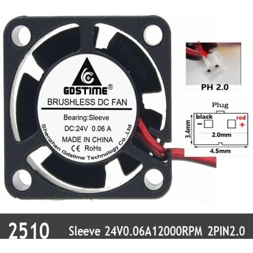 Gdstime 10PCS 25X25X10mm DC Cooler Fan 24V Mini Silent 2pin Smart Brushless 25cm 2510 Laptop Cooling