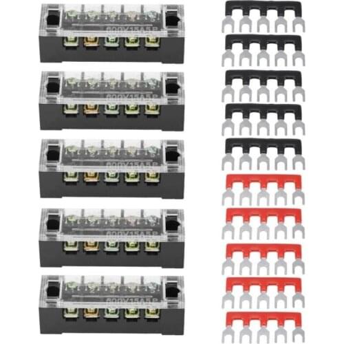 5pcs Dual Row 5 Positions 600V 15A Screw Terminal Block+10 Pre-insulated Terminal Barrier Strip Car Accessories