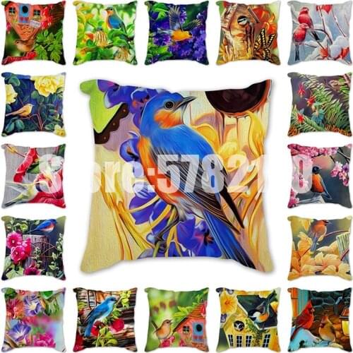 Colorful birds Cushion Cover Oil Painting Pillow Cover Flowers cardinal Pillowcase for Home Sofa Home Decorative Pillow 45cm