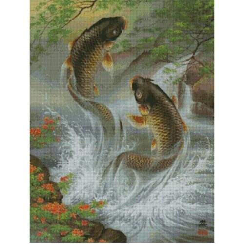 Carp Double Fishes Cross Stitch Kits Waterfall Needlework 14CT Unprinted Embroidered Top Quality DIY Handmade Decoration
