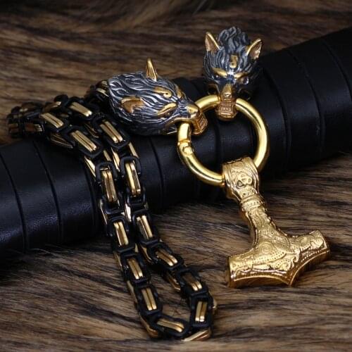 Stainless Steel Thors Hammer Wolf Head Necklace Mens Nordic Mythology Viking Punk Wind Emperor Chain Titanium Steel Jewelry