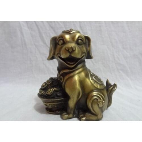 Song voge gem S2630 Folk Chinese Bronze Zodiac Wealth Treasure Bowl Happy Fu Dog Statue Animals