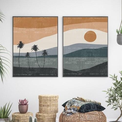 Mid Century Modern Terracotta Blue Ocean Canvas Painting Abstract Beach Landscape Prints Poster Wall Art Pictures Home Decor