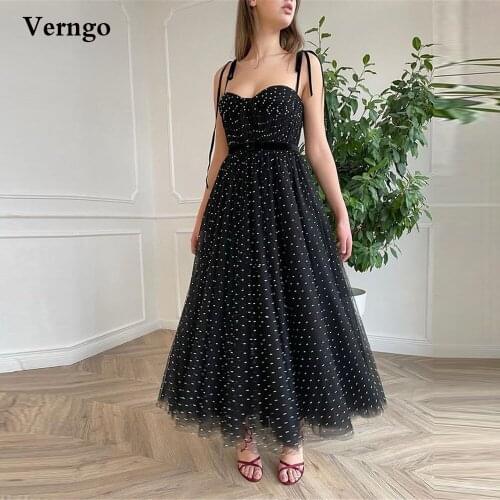 Verngo 2021 Black Polka Dots Tulle Short Prom Dresses With Velour Straps Sash Ankle Length Homecoming Party Gowns Lace/Zip Back
