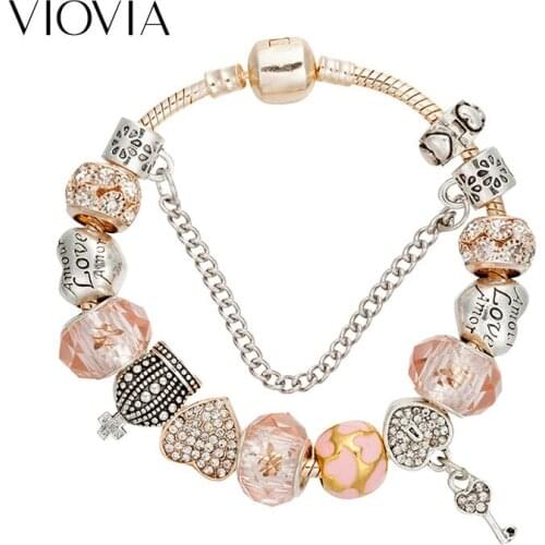 VIOVIA Fantastic Heart Charms Bracelet & Bangles Glass Beads Bracelet for Women & Girl Diy Jewelry Fit Wedding & Party B18008