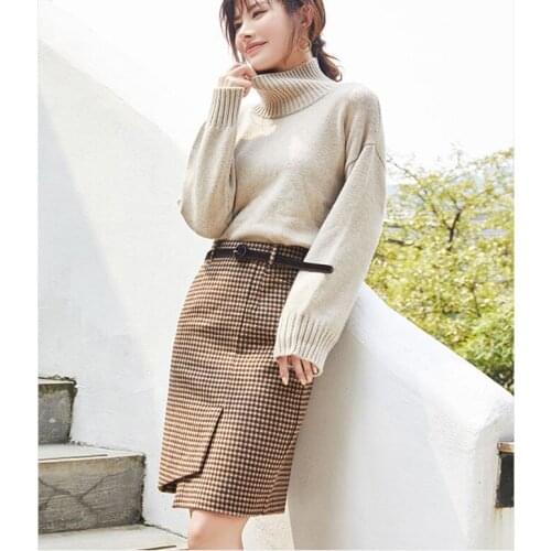 2021 Women High Waist Asymmetrical Vintage Skirt All-Matched Casual Wool Plaid Knee-Length Skirts Autumn Winter