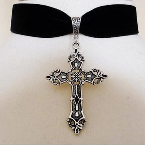 Fashion Gothic Cross Necklace Black Velvet Medieval Choker Steampunk Charm Jewelry For Women Gifts