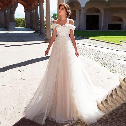 Elegant Wedding Dress 2020 Off shoulder Straps A line robe de marie Tulle Bridal Dresses Princess Wedding Gowns vestidos