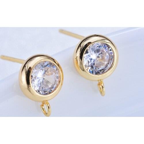 6PCS Classics 24K Gold Color Brass with Zircon Hooks Hole Round Stud Earrings Pins High Quality Jewellery Accessories