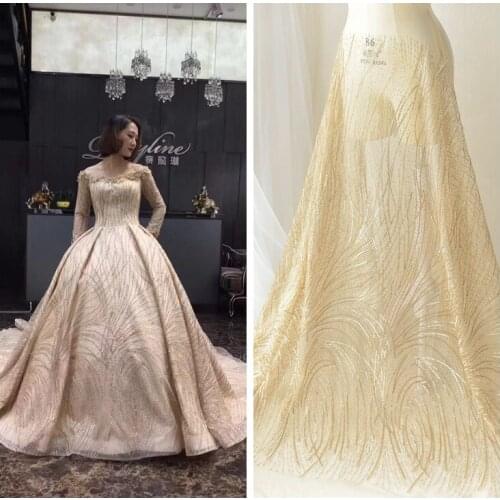 Sequins golden lace bridal dress ivory lace fabric for dress
