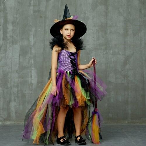 Girls Evil Witch Halloween Cosutme Trailing Tulle Kids Fancy Tutu Dress with Witch Hat Children Carnival Cosplay Party Dresses
