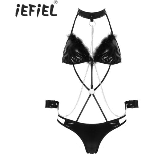 Women One-piece Strappy Cutout Bodycon Bodysuit Halter Bra Tops With Low Rise Briefs Patent Leather Lingerie Sets with Wristband