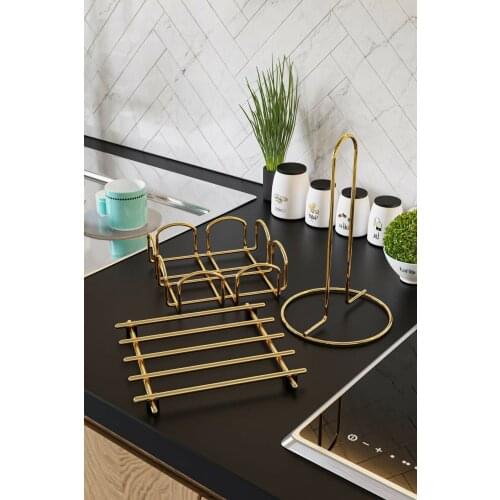 Kitchen accessories set organizer trivet stainless trivet pot holder stand paper towel gold Kitchen Table Accessory Home Decor