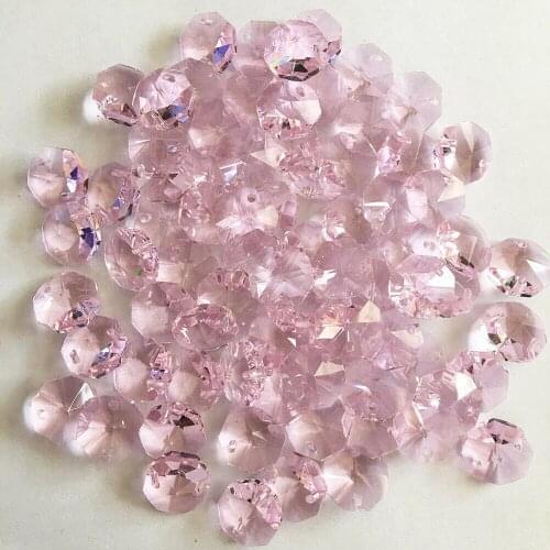 Camal 100Pcs Pink Color 14mm Octagon Crystal Glass Loose Beads 2 Holes Chandelier Chain Garland Prism DIY Part Home Decor