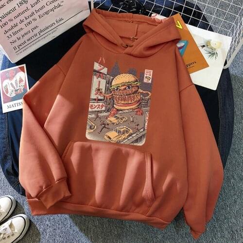 Ukiyo E Japan Style Burgerzilla Hoodies Mens Funny Cartoon Print Pullovers Casual Streetwear Loose Fleece Oversized Sweatshirts