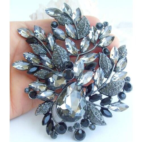 Classic 4.33" Black Gray Rhinestone Crystal Teardrop Flower Brooch Pin Pendant EE04672C3