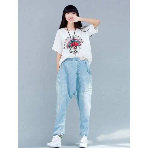 Korean plus size loose women jeans hole nine points Harem pants Cotton denim Casual trousers personality all matches tide jeans