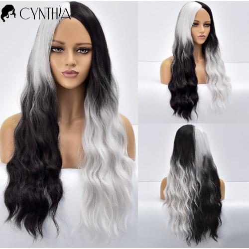 Ombre Natural Wave Curly Long Synthetic Wigs With Bangs Grey To Black For Women Fake Hair Heat Resistant Daily Cosplay Wavy Wig